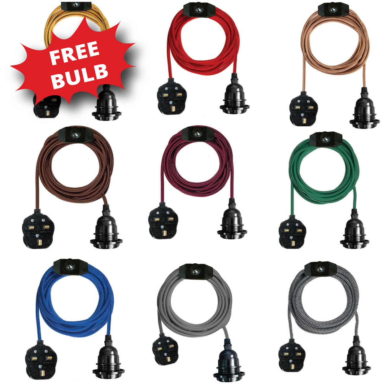 2M Plug-in Vintage E27 Dimmer Switch Fabric Pendant Light Holder with FREE BULB ~1267