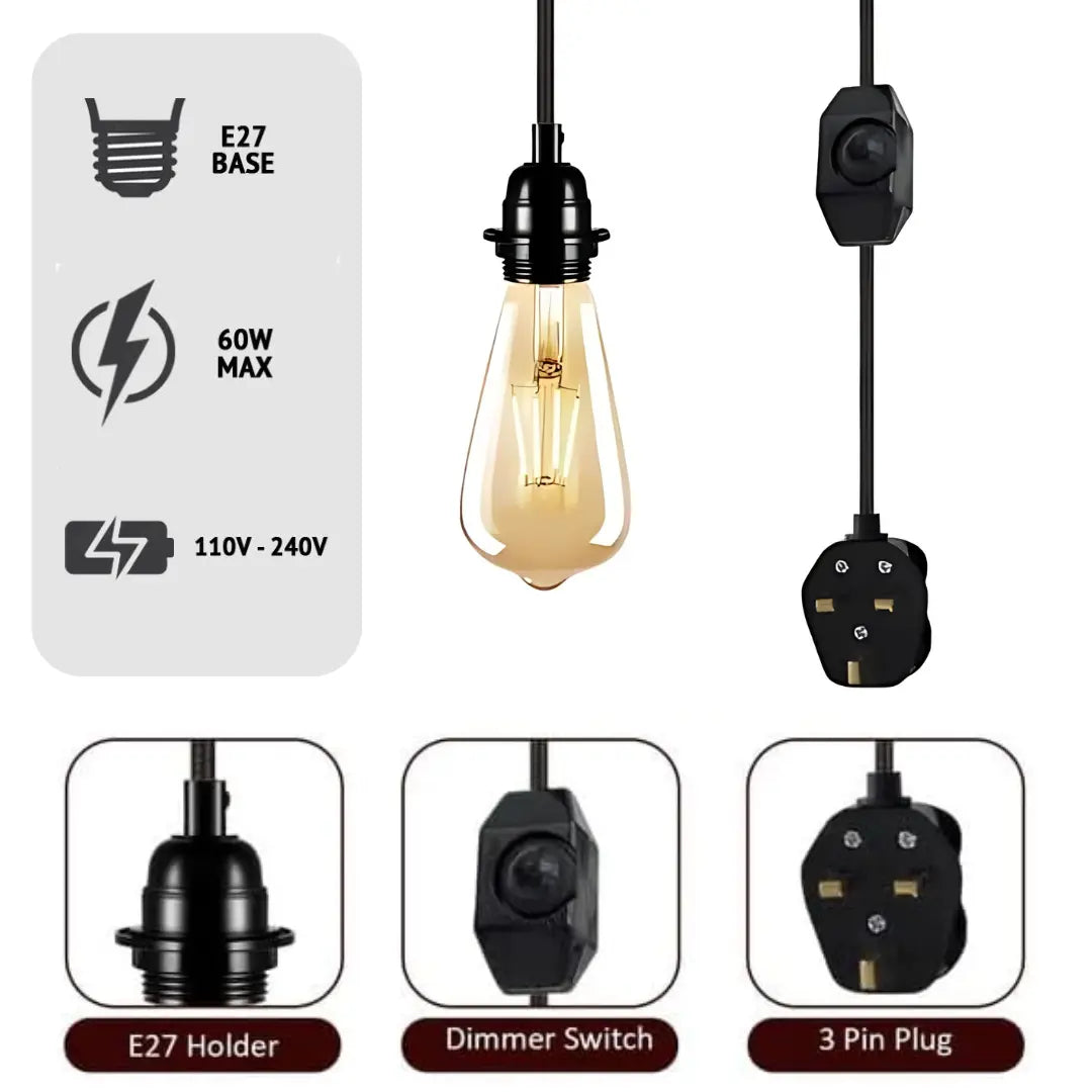 2M Plug-in Vintage E27 Dimmer Switch Fabric Pendant Light Holder with FREE BULB ~1267