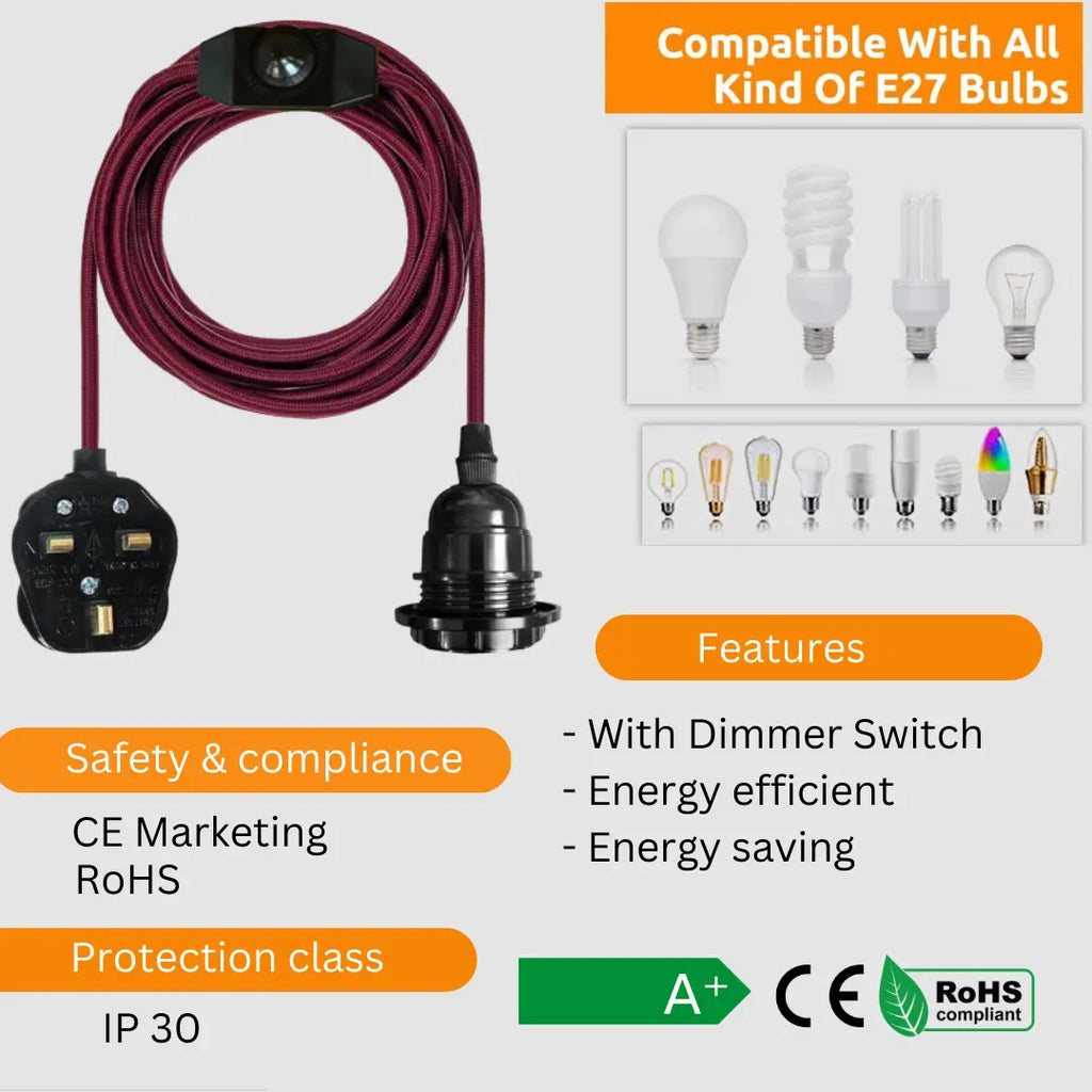 2M Plug-in Vintage E27 Dimmer Switch Fabric Pendant Light Holder with FREE BULB ~1267
